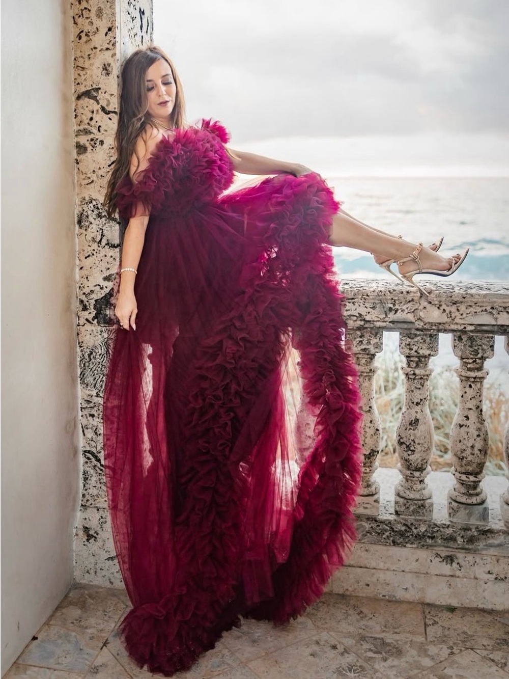 Amazon Burgundy Ruffled Tulle Prom Gown - Picture 3 of 4
